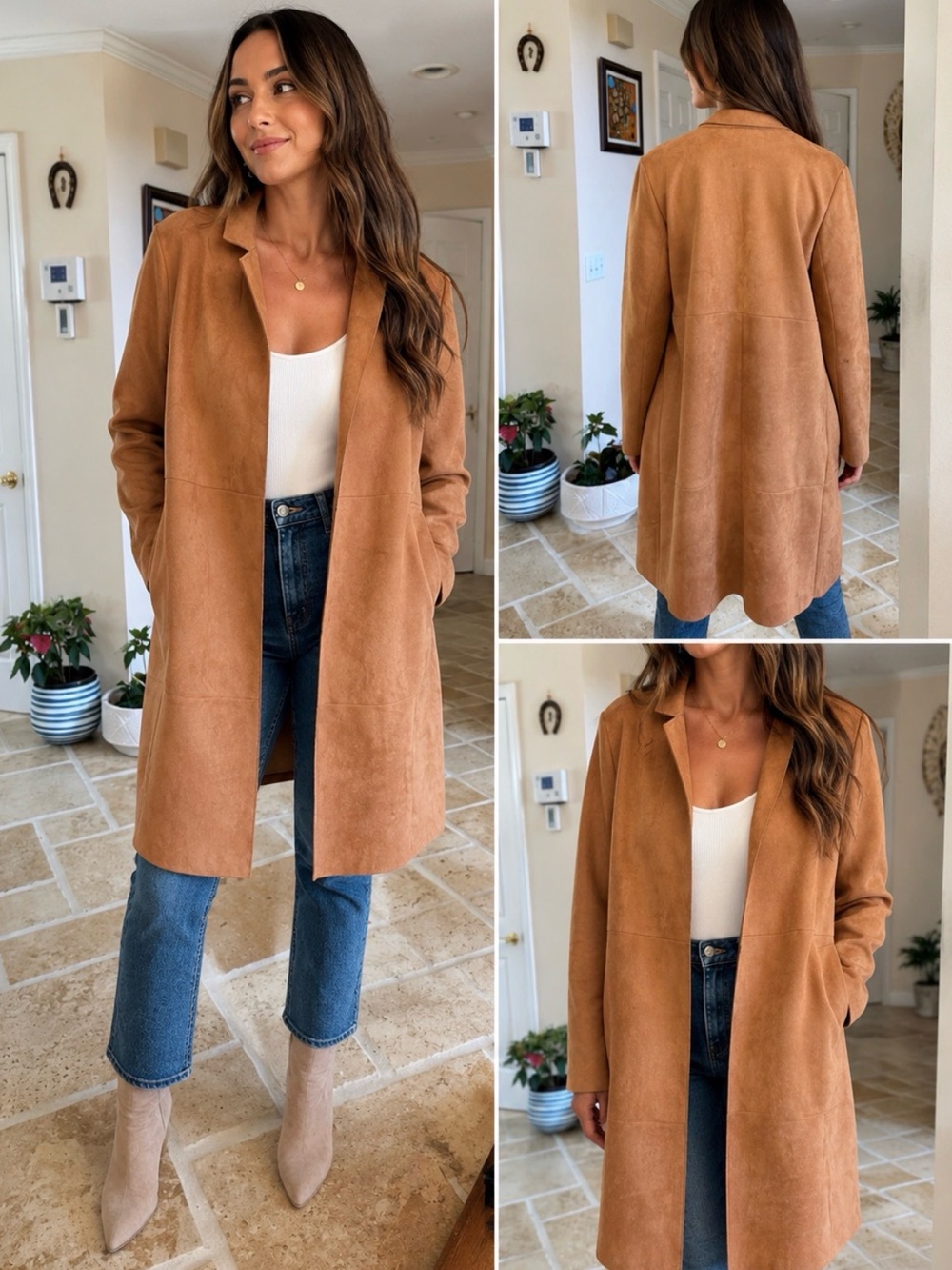 Zara Basic Camel Faux Suede Open Front Long Coat Size Large